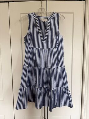 Pomander Place Blue and White Striped Sleeveless Tiered Dress